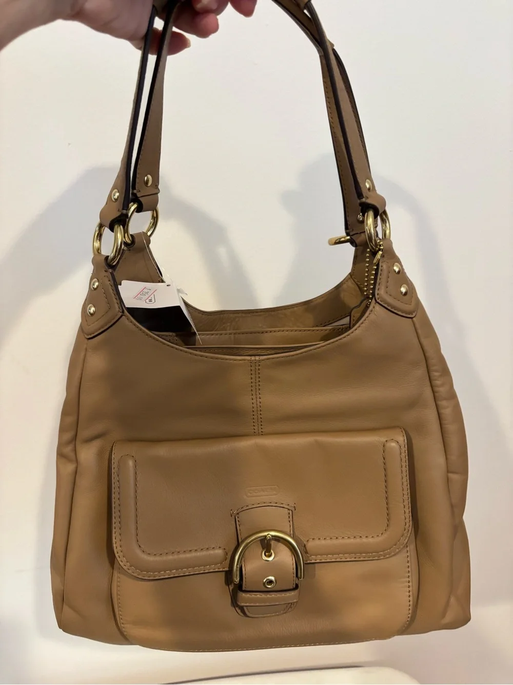 Coach Tan Leather Shoulder Bag with Front Buckle Pocket